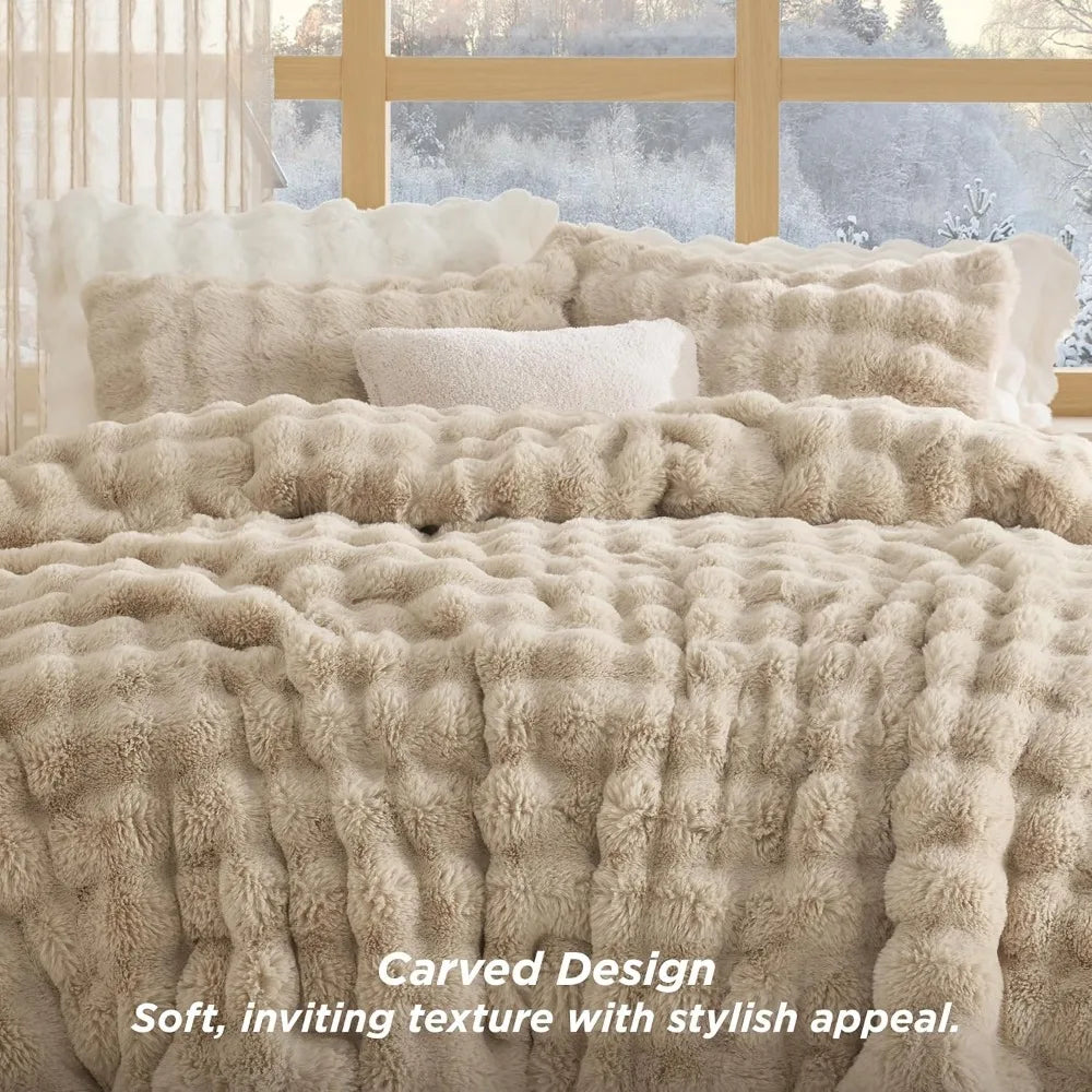 King Size Light Beige Faux Fur Fluffy Comforter Set – Plush Shaggy Bubble Bedding
