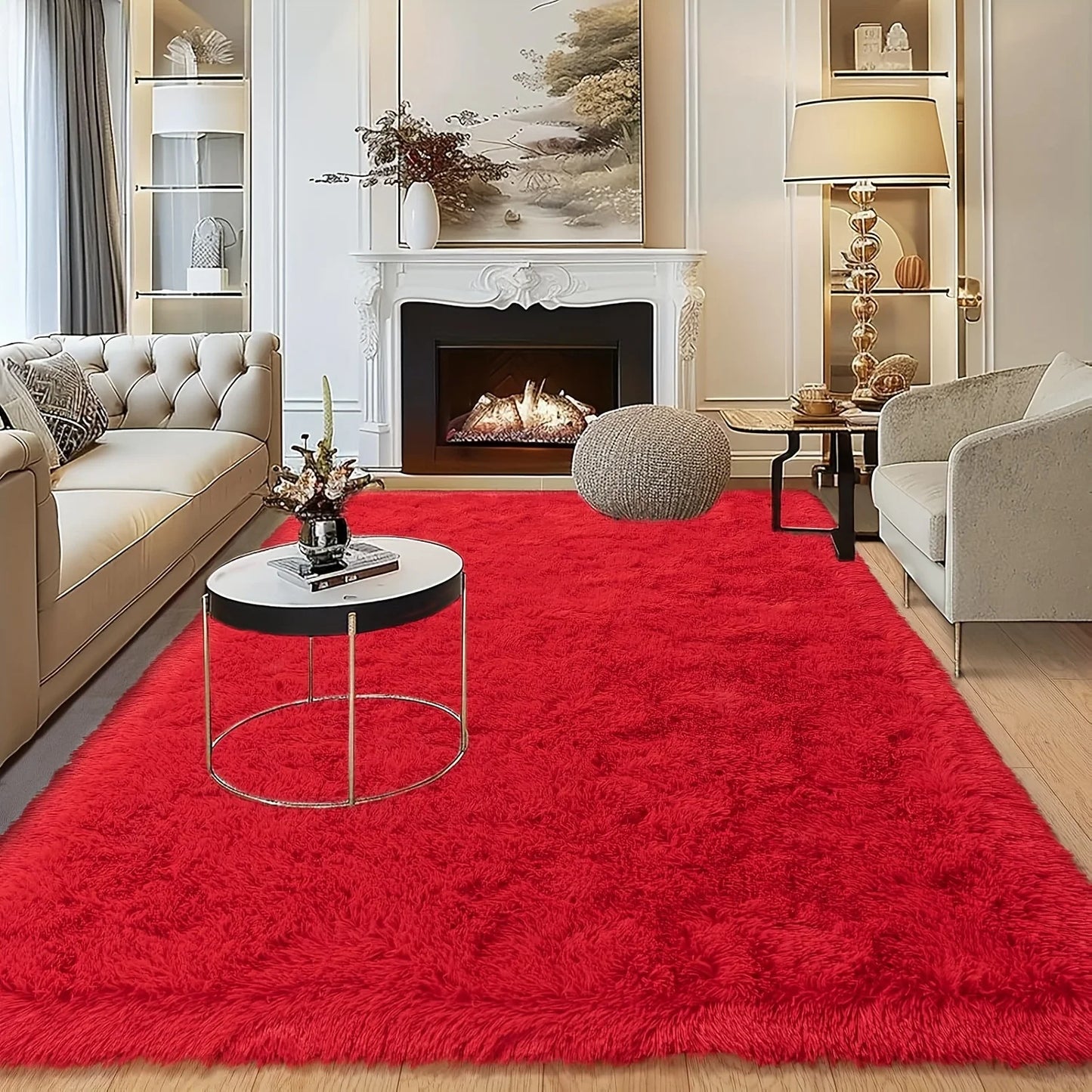 Red Fluffy Plush Non-Slip Carpet – Soft Area Rug with 4 Stickers