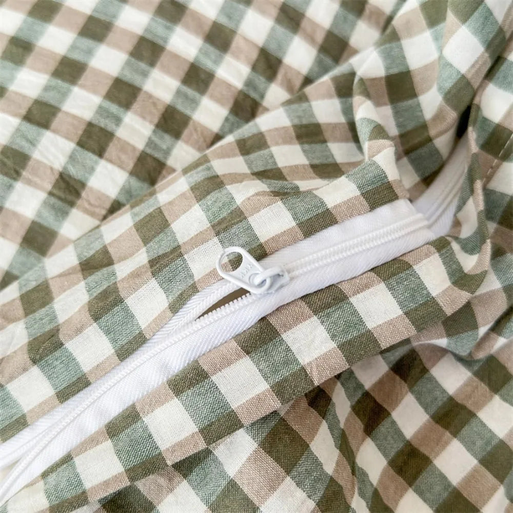 Queen Size Cotton Plaid Duvet Cover Set – Washed Green Gingham 3-Piece Bedding 🍃🛏️