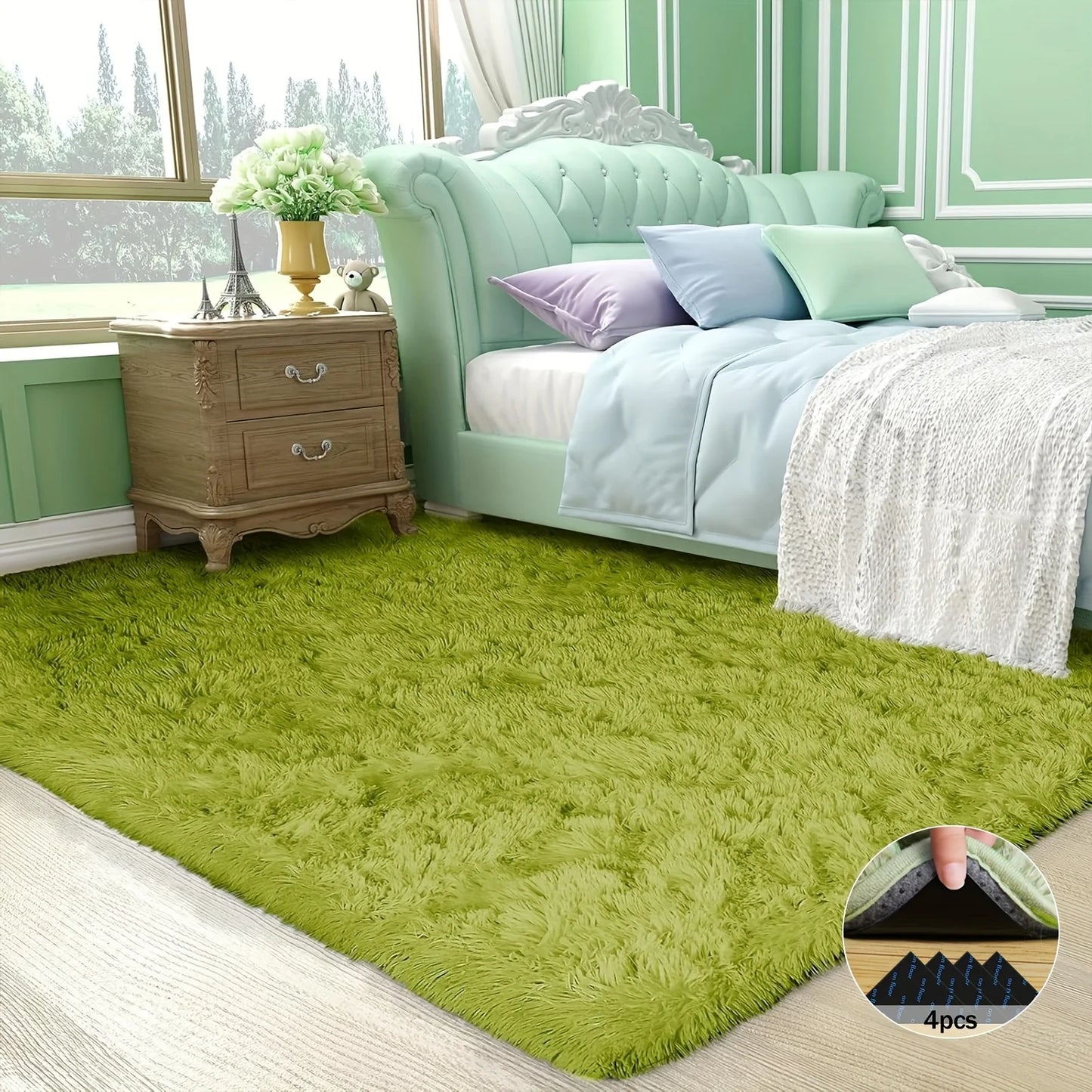 Room Decor Rug – Grass Green Soft Shaggy Non-Slip Luxury Plush Carpet with 4 Rug Stickers