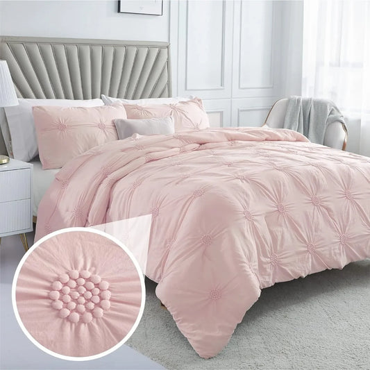 3-Piece Ruched 3D Floral Comforter Set – Soft Rose Blush Pink Bedding