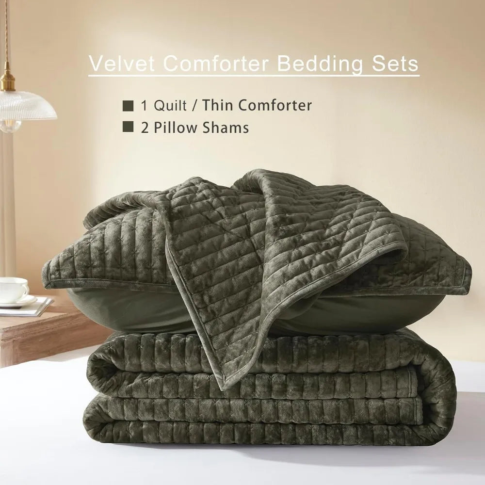 King Size Velvet Quilt Set – Olive Green Lightweight Cross Stitch Comforter with 2 Pillow Shams