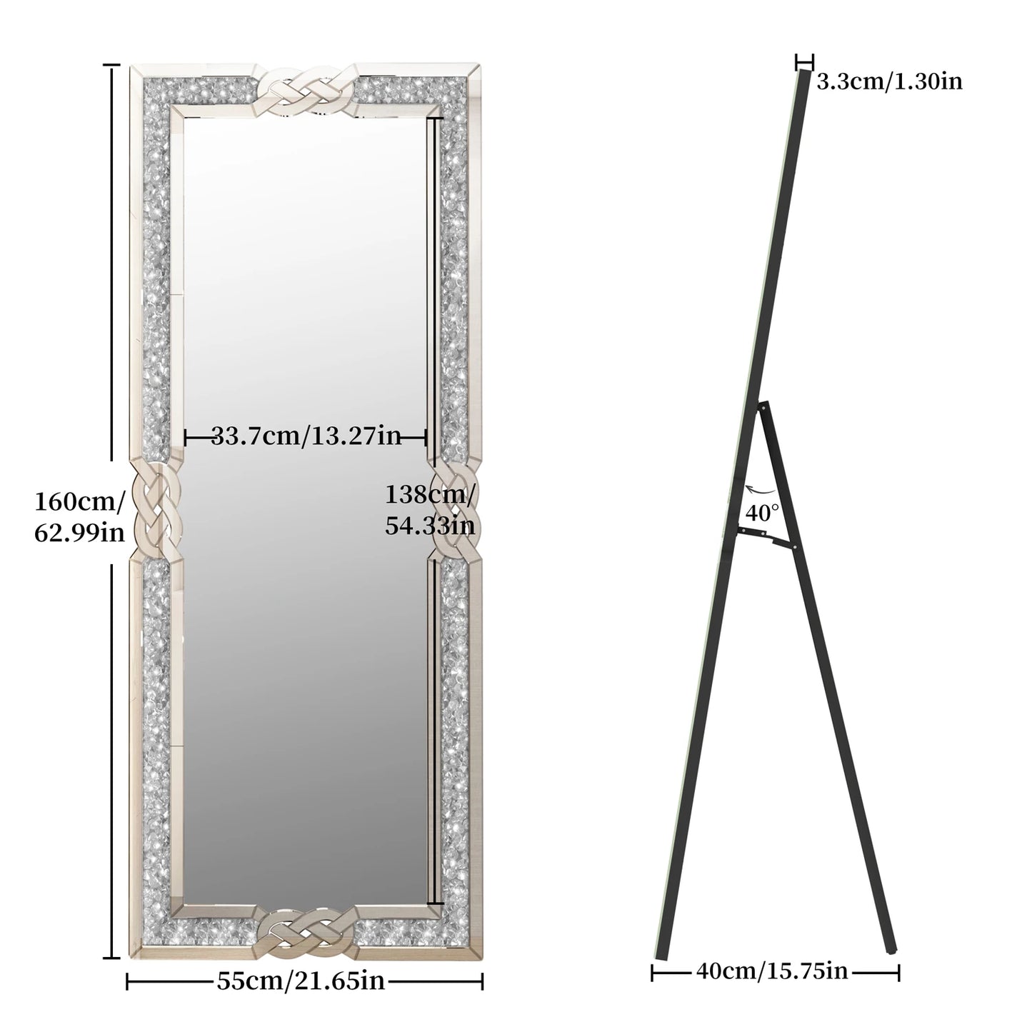 160cm Tall Crushed Diamond Full-Length Mirror – Silver Glass Full Body Mirror