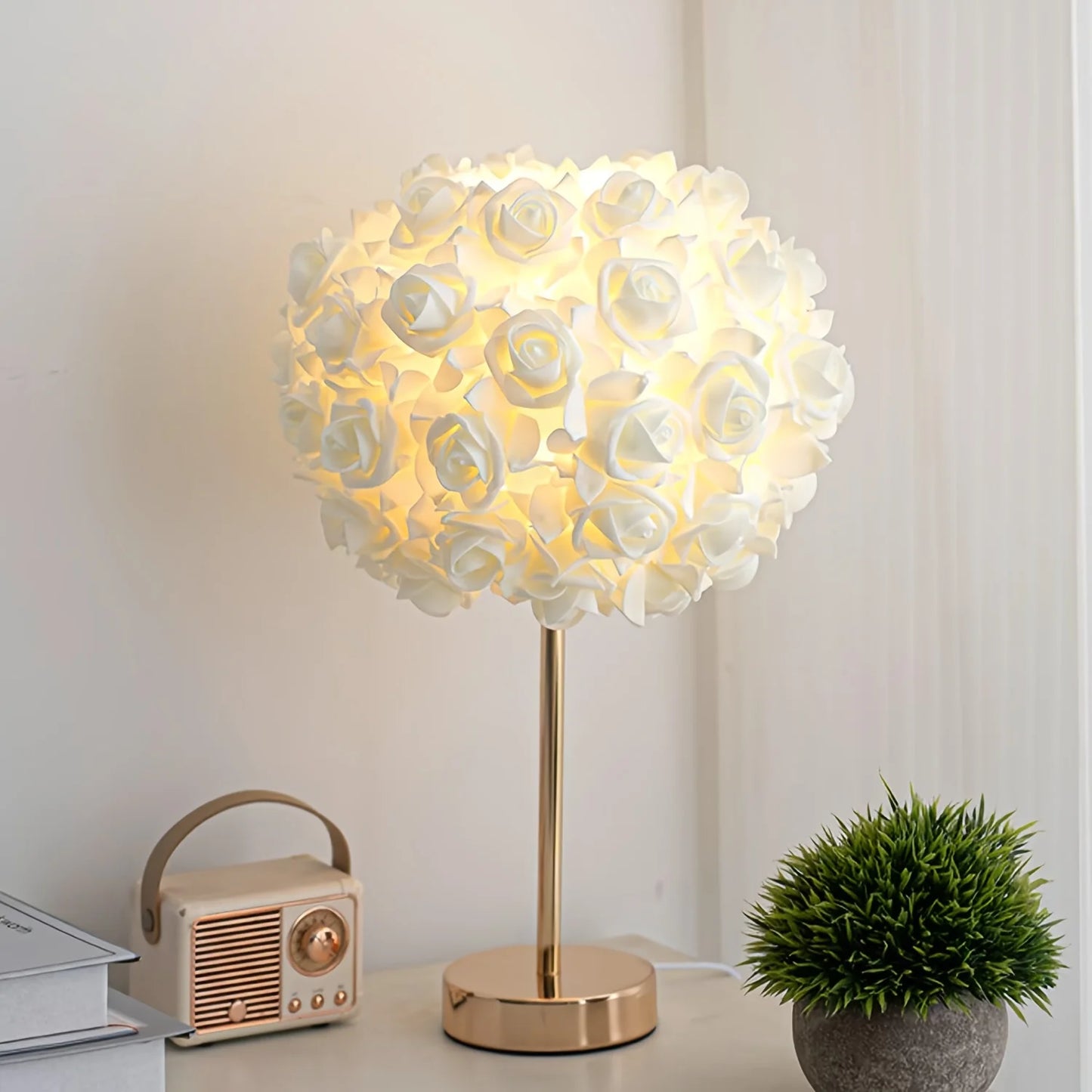High-End LED Table Lamp with 52 Rose Flower Shade – Polished Metal Base