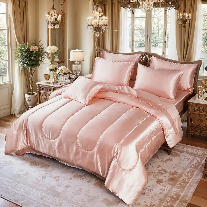 3pcs Reversible Satin Bedding Set – Luxury Soft Comforter with 2 Pillowcases, All-Season Duvet