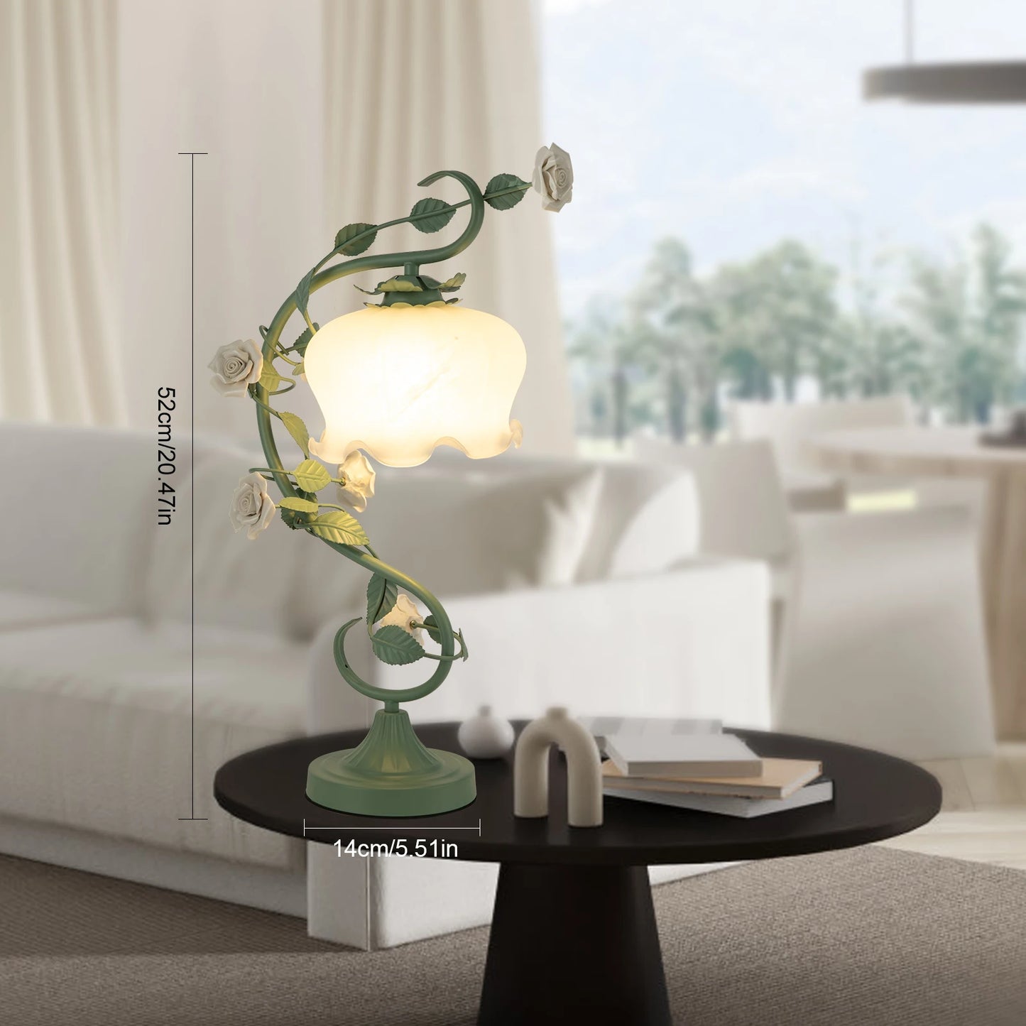 Flower Petal Table Lamp – White Rose Nightstand Lamp with Glass Shade, 20-Inch Bedside Desk Light