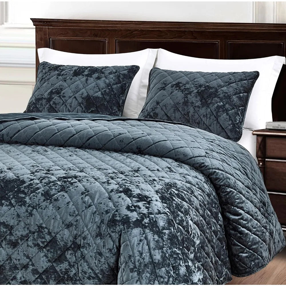 Luxury Storm Blue Velvet Comforter Set – Queen, 3-Piece, Geometric, All-Season