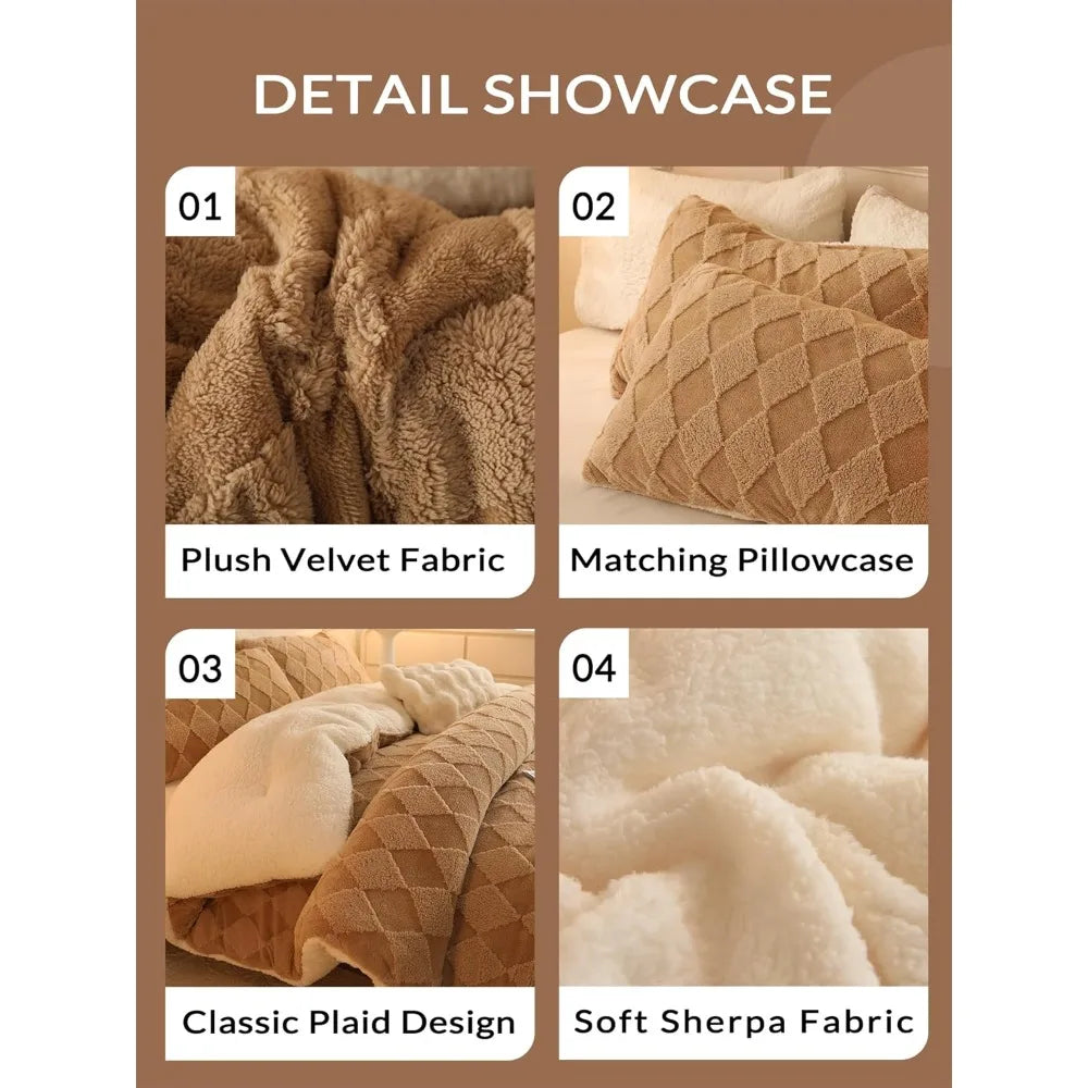 Sherpa Comforter Set – Queen Size Beige Checkered Bedding with Pillow Covers