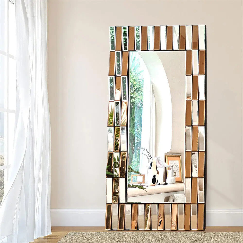 Rectangular Sunburst Wall Mirror – Silver & Tawny Beveled Glass Accent Mirror, Vertical or Horizontal Hanging