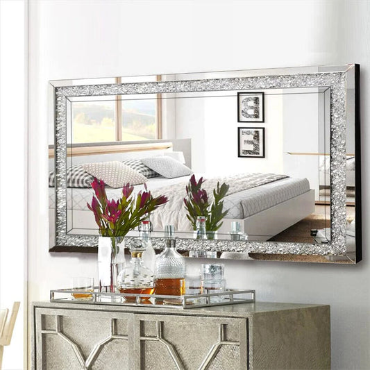 120x60cm Crystal Crush Diamond Wall Mirror – Silver Rectangular Decorative Mirror for Bathroom, Bedroom, Dining Room, and Living Room