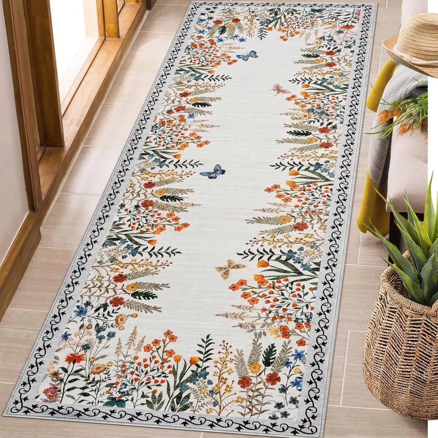 Washable Area Rugs for Living Room – Non-Slip Floral Runner Rug