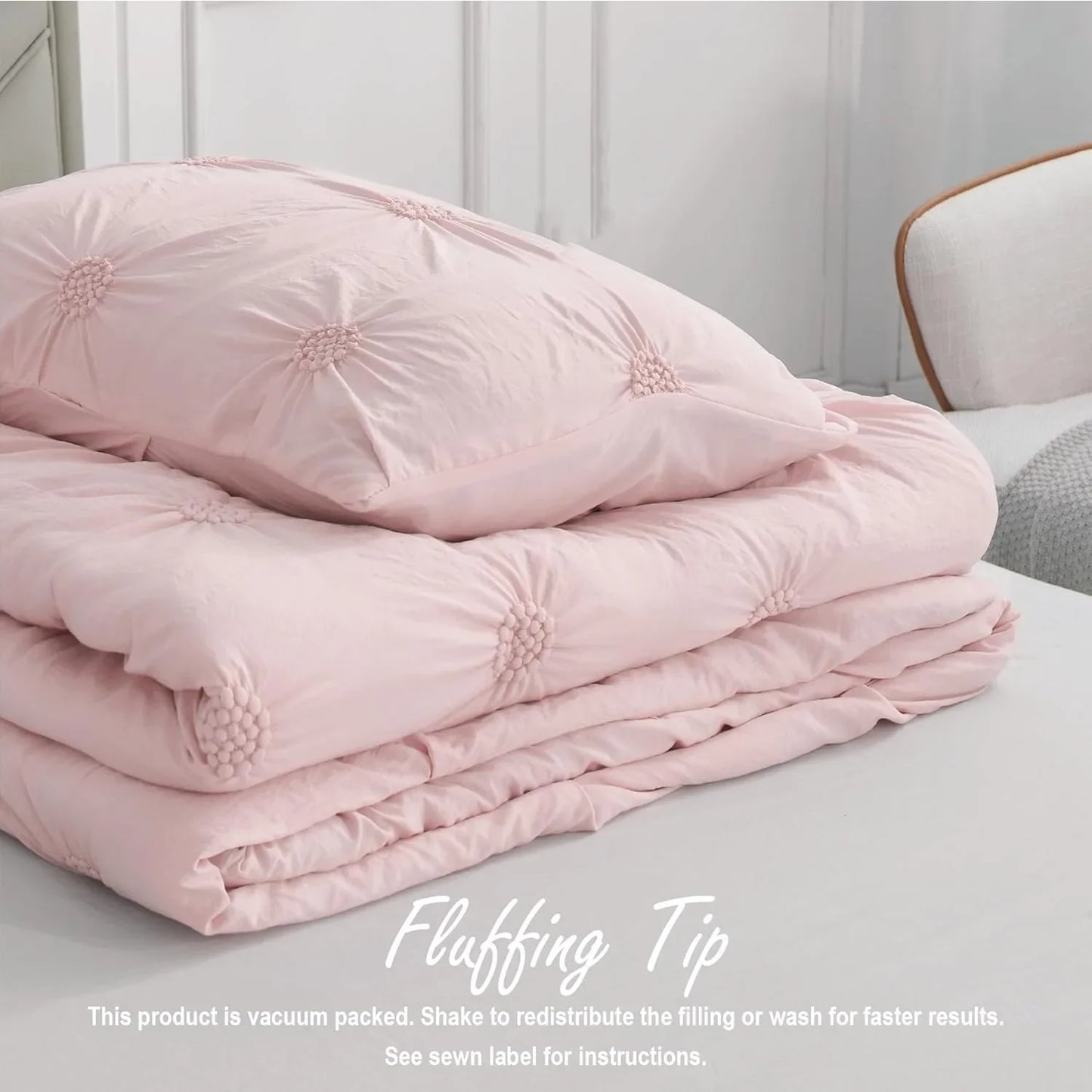 3-Piece Ruched 3D Floral Comforter Set – Soft Rose Blush Pink Bedding