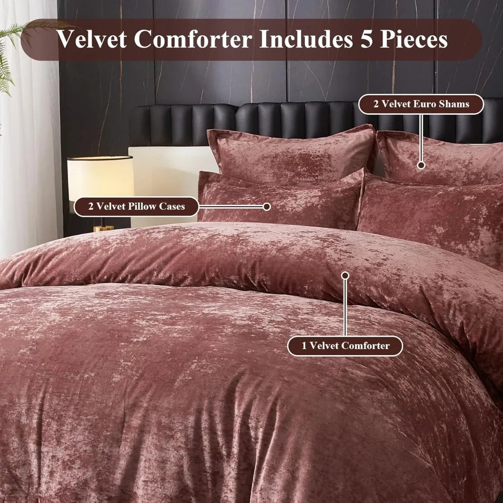 Ultra Soft Pink Flannel Queen Comforter Set – 5 Piece Velvet Bedding Set with Pillow Shams & Euro Shams