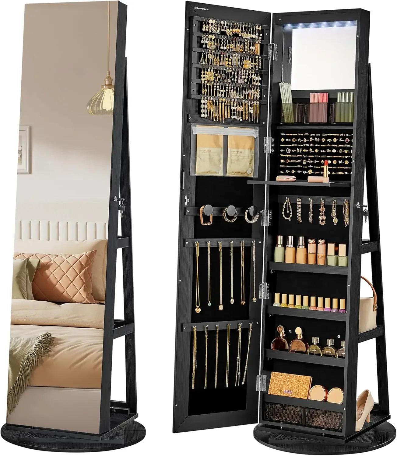 6-LED Lockable Jewelry Cabinet with Full-Length Mirror
