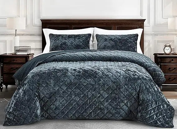 Luxury Storm Blue Velvet Comforter Set – Queen, 3-Piece, Geometric, All-Season