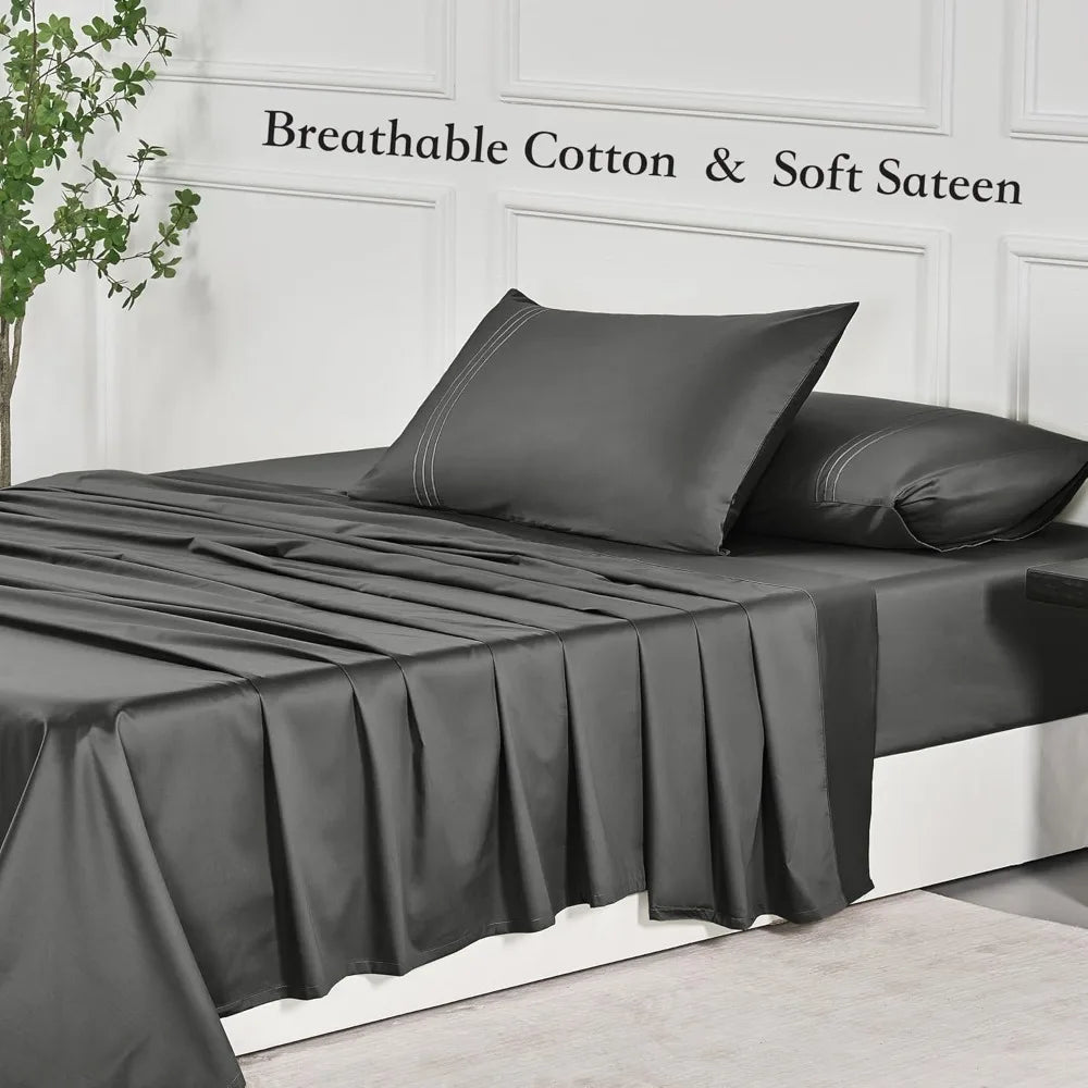 400 Thread Count Cotton Queen Sheet Set – Soft, Cooling & Dark Grey 🛏️🌙