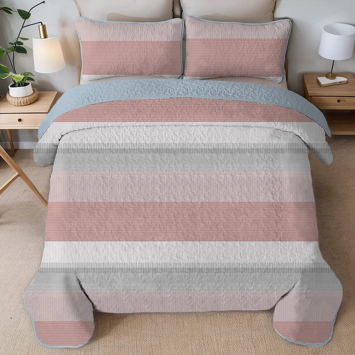 🛏️ 2/3-Piece Geometric Stripes Printed Quilt Set – Cal King Size  Durable | Breathable | Unique Summer Bedding Set