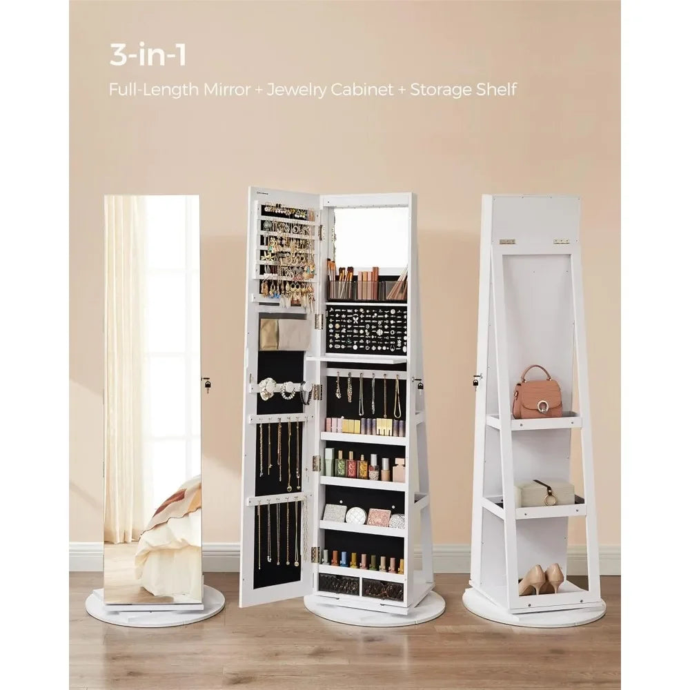 6-LED Lockable Jewelry Cabinet with Full-Length Mirror