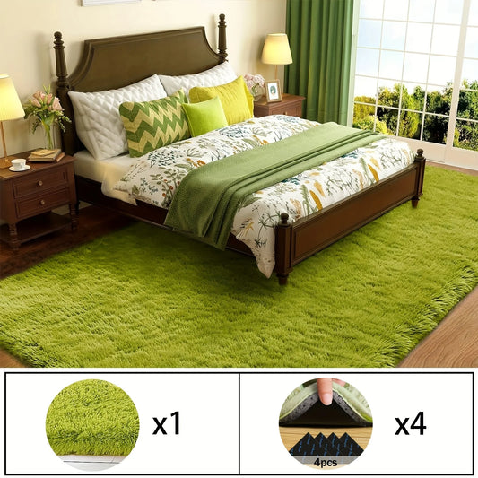 Room Decor Rug – Grass Green Soft Shaggy Non-Slip Luxury Plush Carpet with 4 Rug Stickers