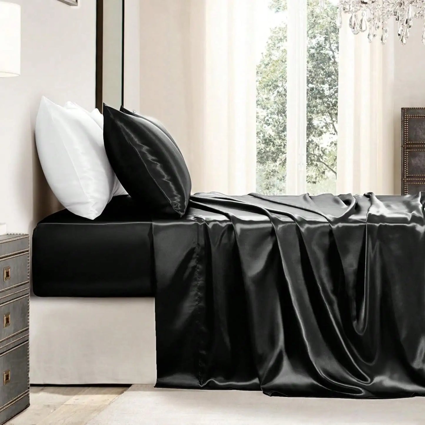 Luxury Silky Satin Sheet Set – Soft Deep Pocket Cooling Bed Sheets with Pillowcases