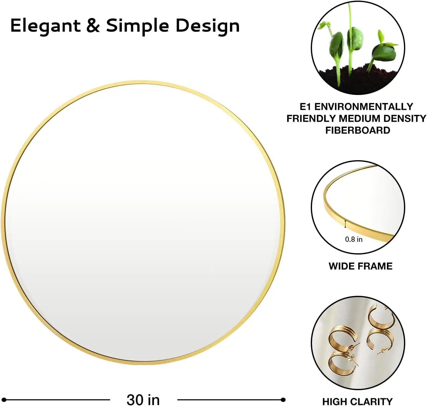 30" Round Gold Wall Mirror – Brushed Metal Frame & Tempered Glass