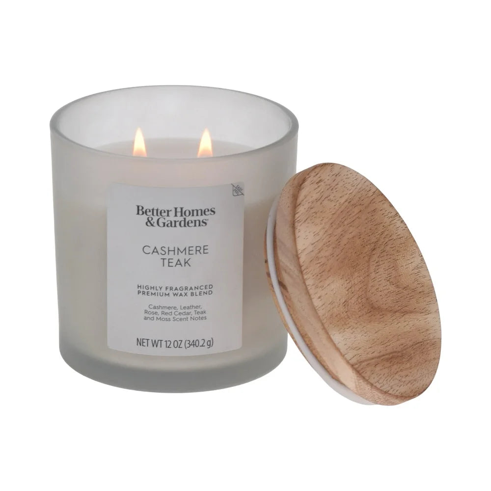 🕯️ Cashmere Teak Frosted Jar Candle – Dual Wick Scented Candle with Elegant Wood Lid (12oz)