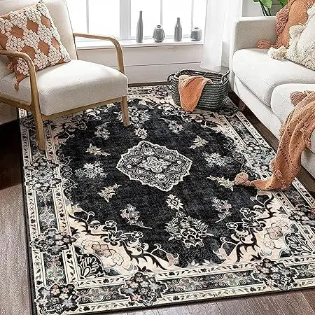 Large 8x10 Bohemian Area Rug – Soft Blue Washable Living Room Carpet with Non-Slip Abstract Design