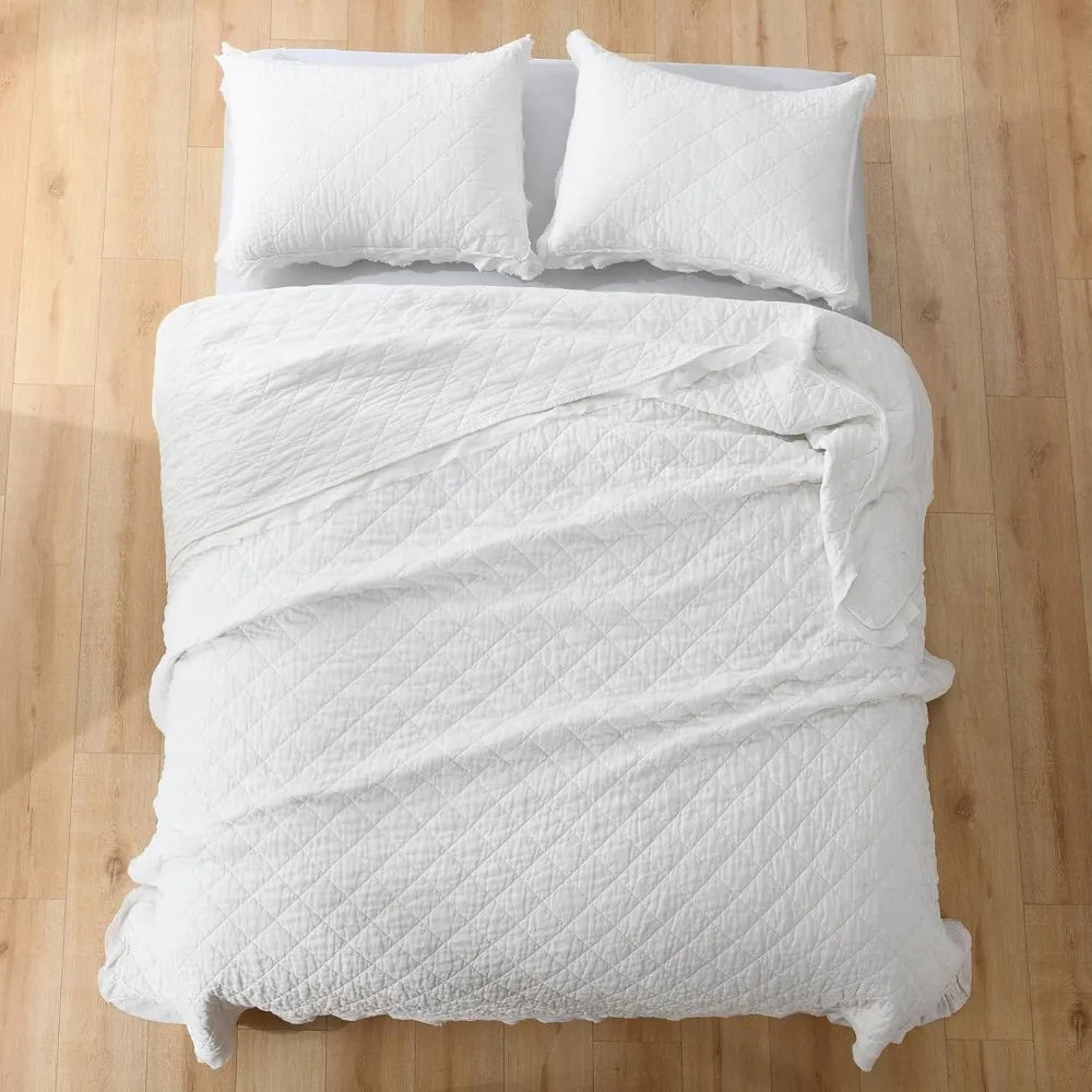 King Size Linen-Cotton Quilt Set – Pre-Washed White, Diamond Stitch Pattern, Pillow Shams Included