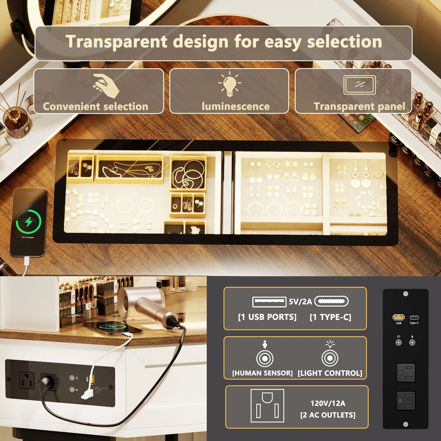 Corner Vanity Desk with Mirror & Lights – Modern Makeup Station