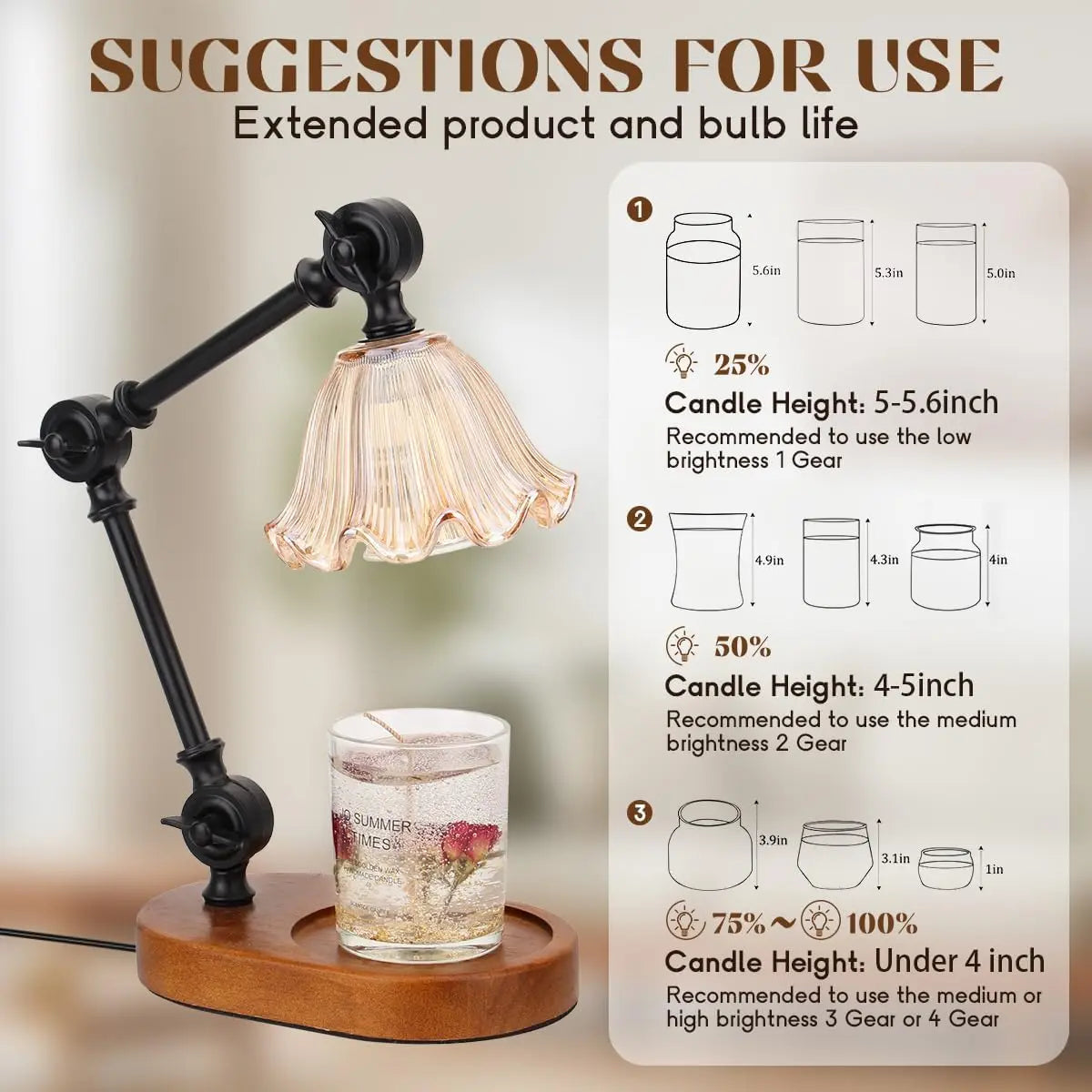 Candle Warmer Lamp – Dimmable, Adjustable Height, Timer, Wax Melts Warmer for Jar Candles with 2 Bulbs