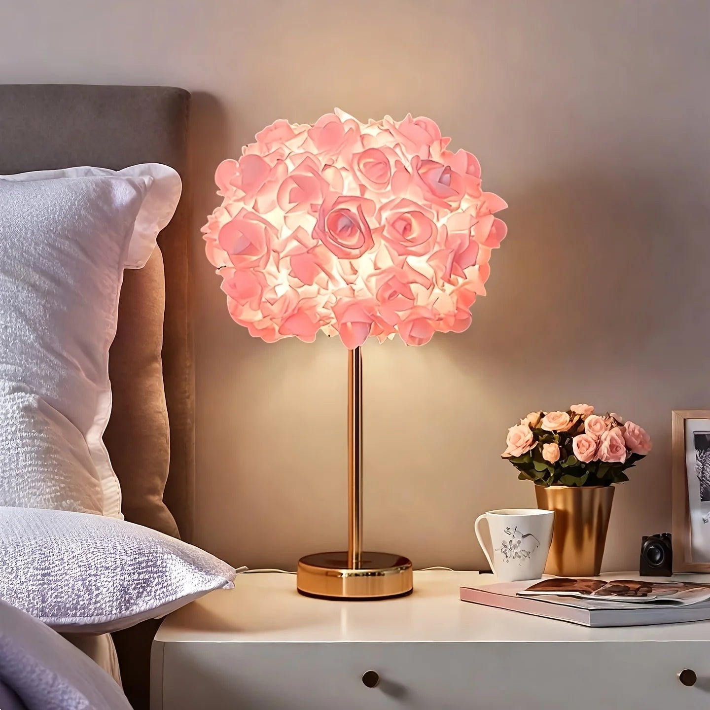 High-End LED Table Lamp with 52 Rose Flower Shade – Polished Metal Base