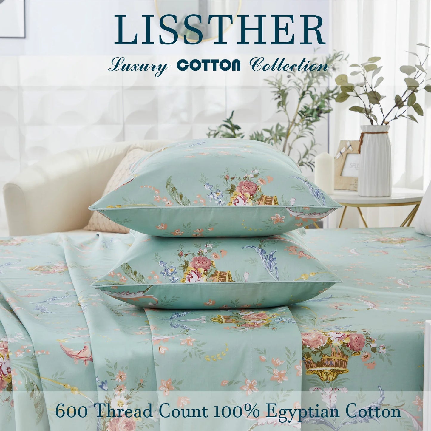 3-Piece 600TC Egyptian Cotton Duvet Cover Set Soft Breathable Floral Bedding