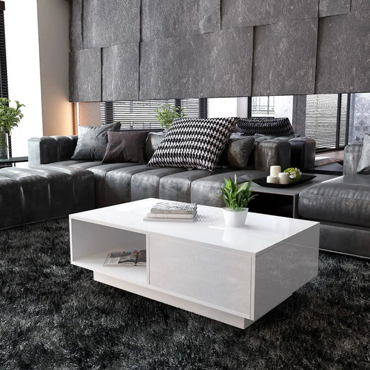 Modern High-Gloss Rectangular Coffee Table – LED Light & Remote
