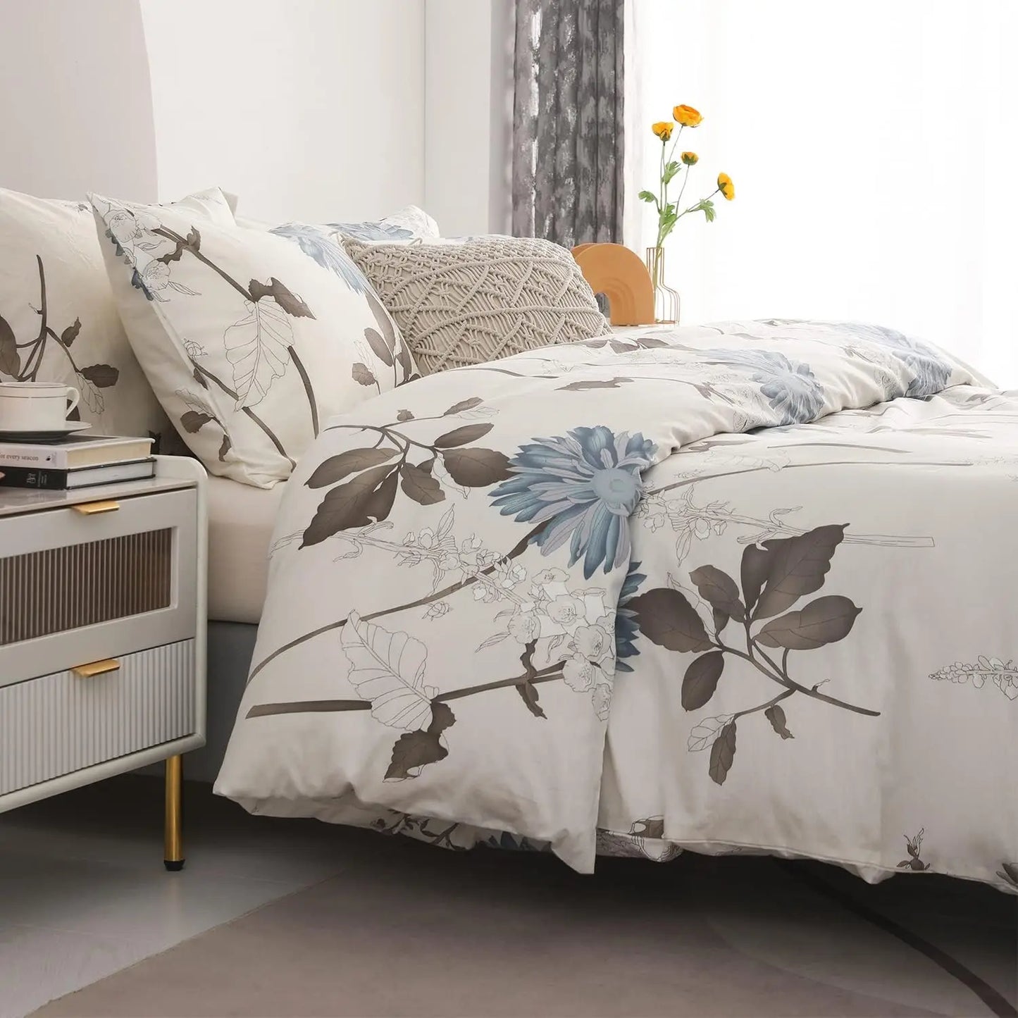 Floral Cotton Comforter Set – 600 Thread Count Down Alternative Bedding with Botanical Branch Design