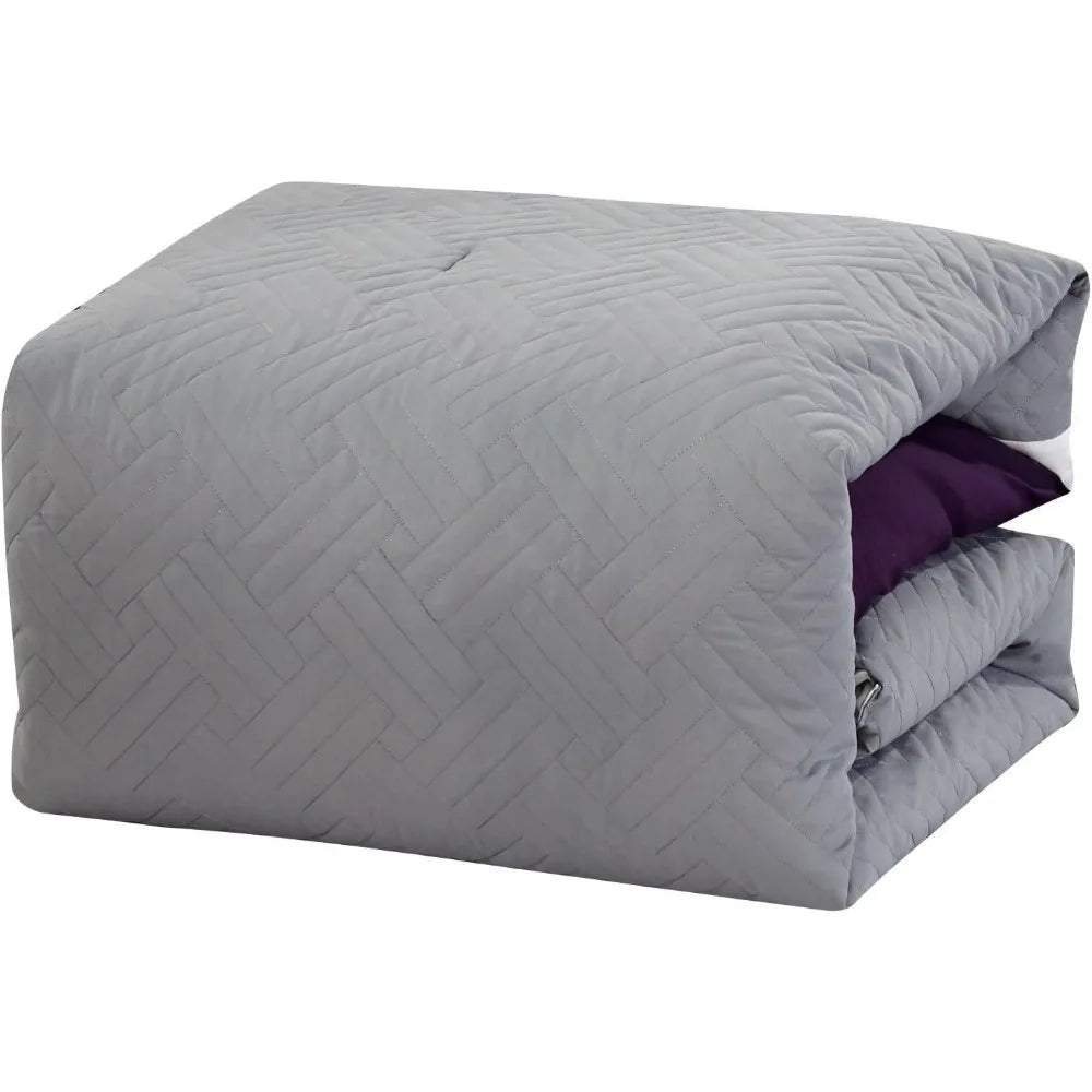 7-Piece Embroidered Oversized Comforter Set – Elegant Purple & Grey All-Season Bedding