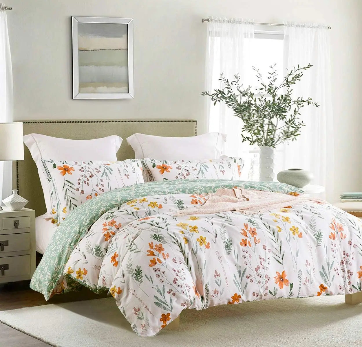 Yellow Flowers & Green Botanical Comforter  100% Cotton Cover | Ultra-Soft Microfiber Fill | Twin, Queen & King Sizes