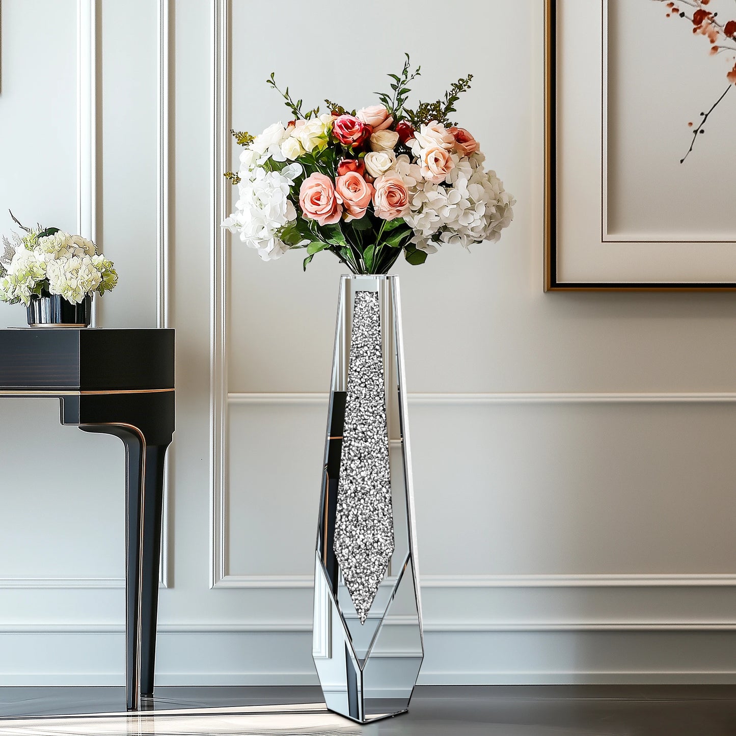 Tall Crushed Diamond Floor Mirror Vase – Modern Crystal Glass Centerpiece