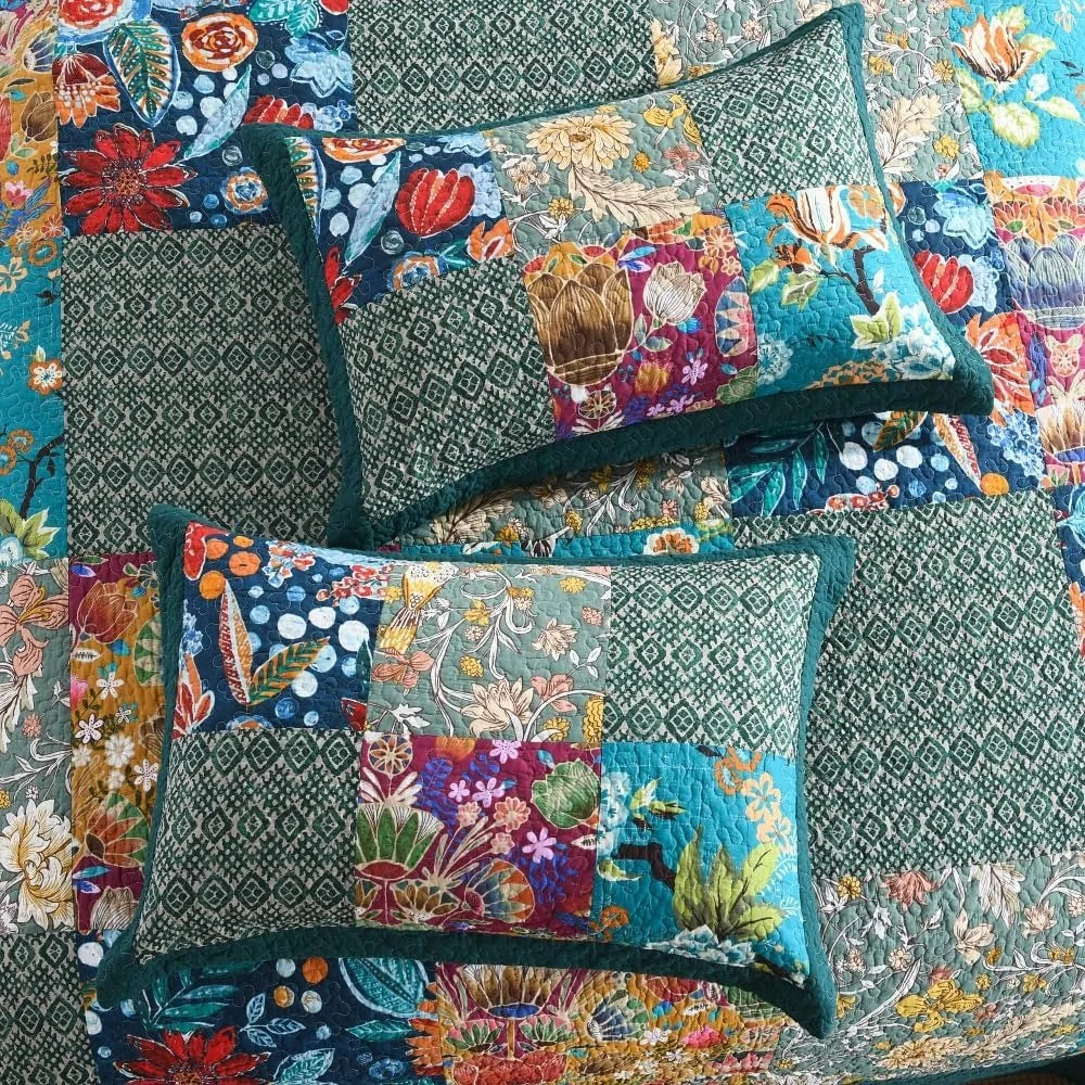 Cotton Quilted Bedspread Set – Reversible Patchwork Floral Design in Turquoise, King Size