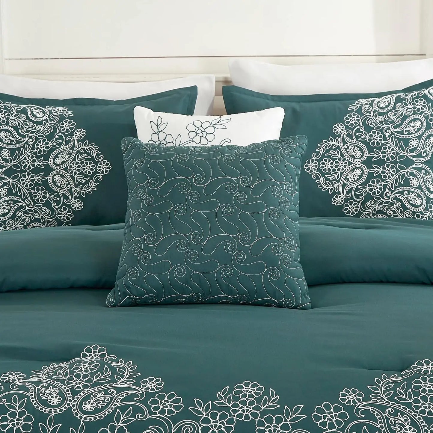 Teal Paisley 7-Piece Embroidered Comforter Set – Queen Bedding Collection