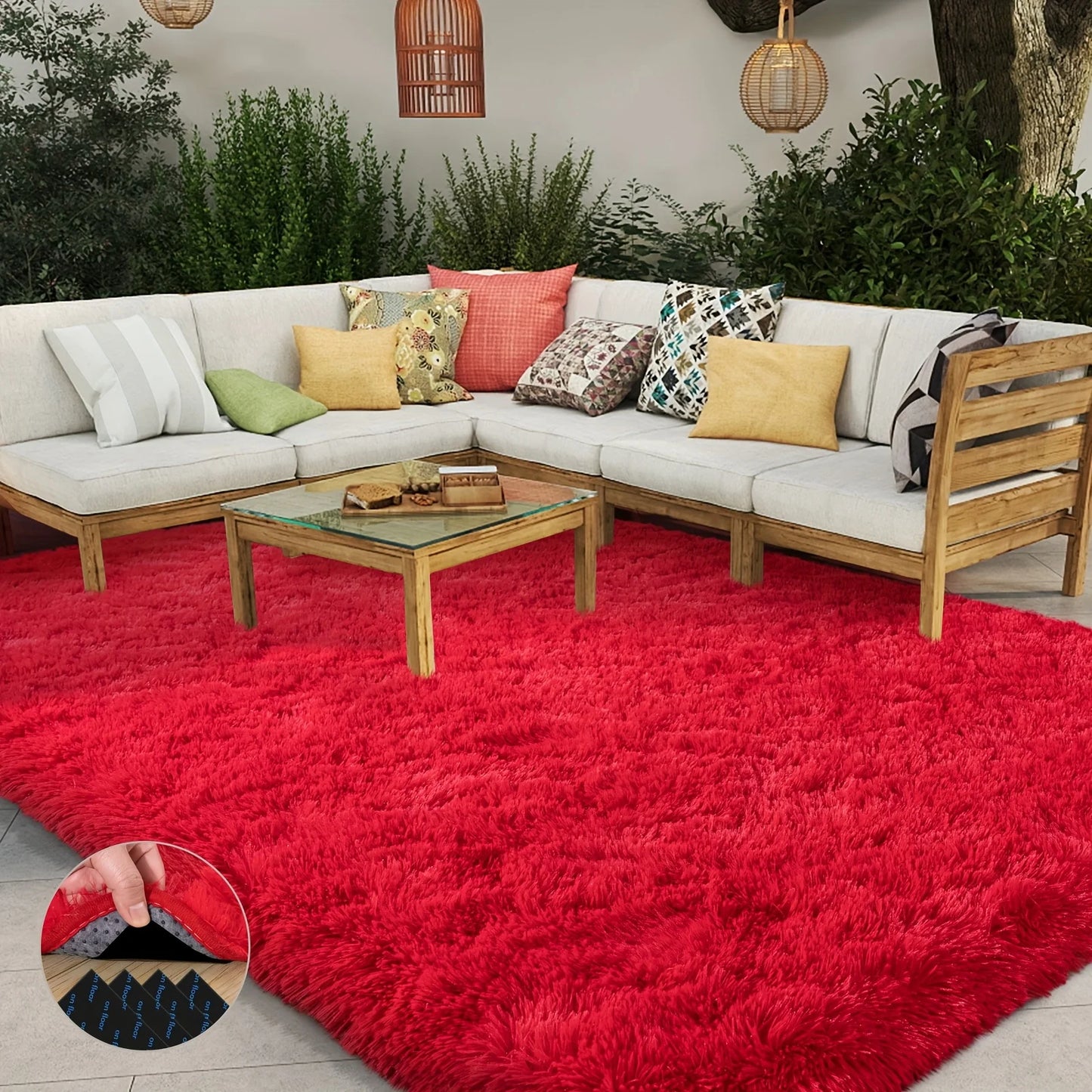 Red Fluffy Plush Non-Slip Carpet – Soft Area Rug with 4 Stickers