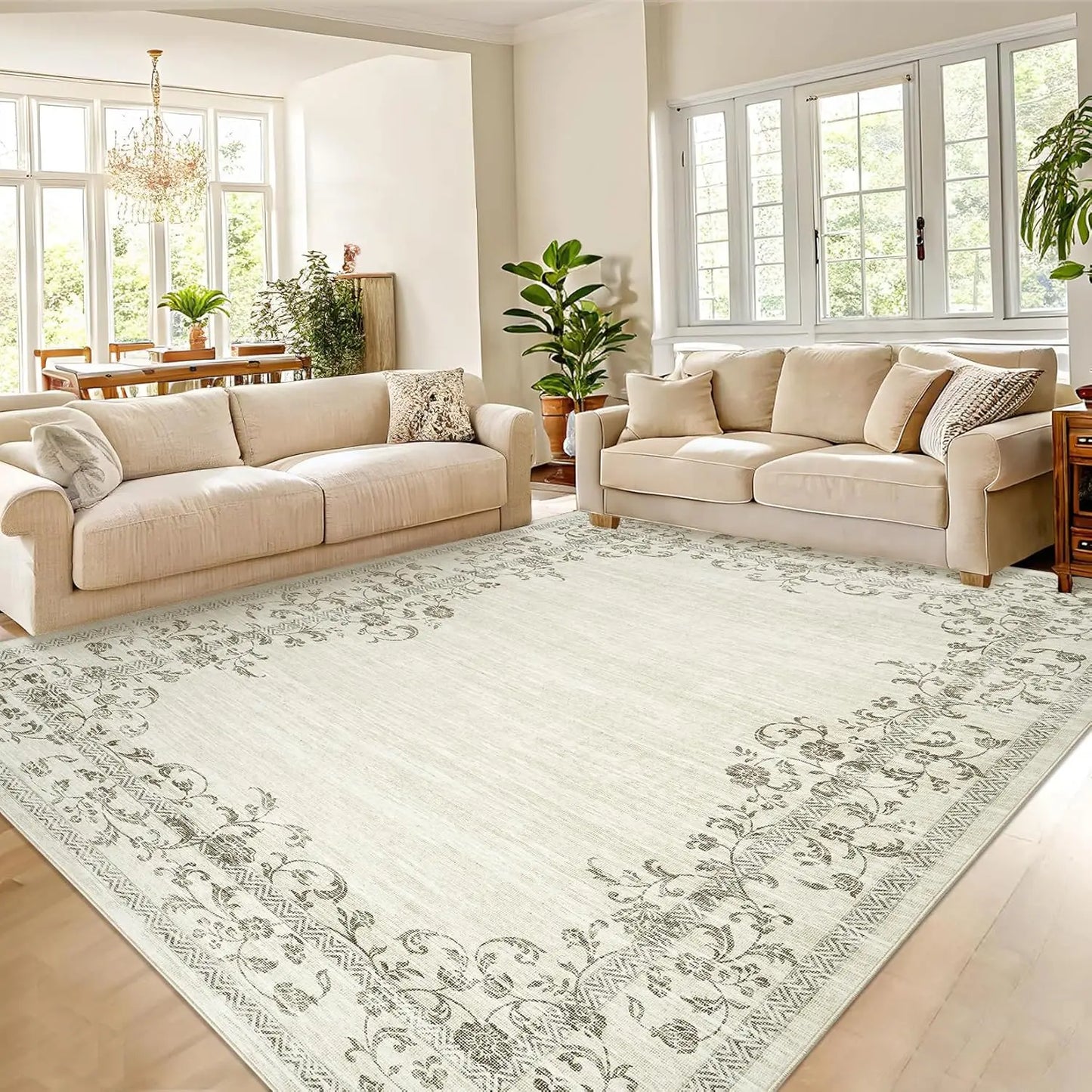 Washable Area Rug Farmhouse Floral Border Soft Indoor Carpet for Bedroom Living Room Dining Room Office