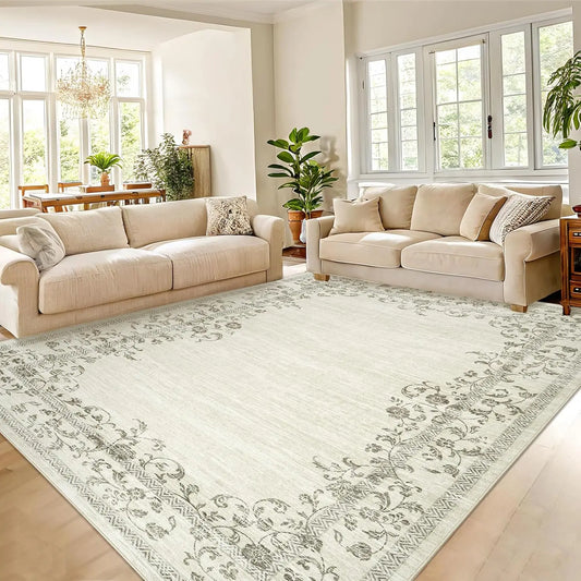 Washable Area Rug Farmhouse Floral Border Soft Indoor Carpet for Bedroom Living Room Dining Room Office
