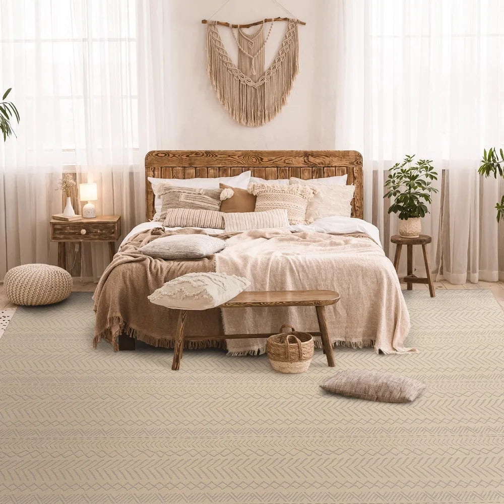 Boho Khaki Washable Area Rug 6x9 – Non-Slip 3D Moroccan Living Room Carpet