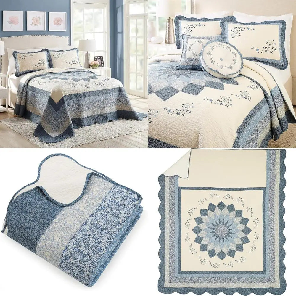 Blue Floral Dahlia Quilted Bedspread – Lightweight Cotton Coverlet with Embroidered Details