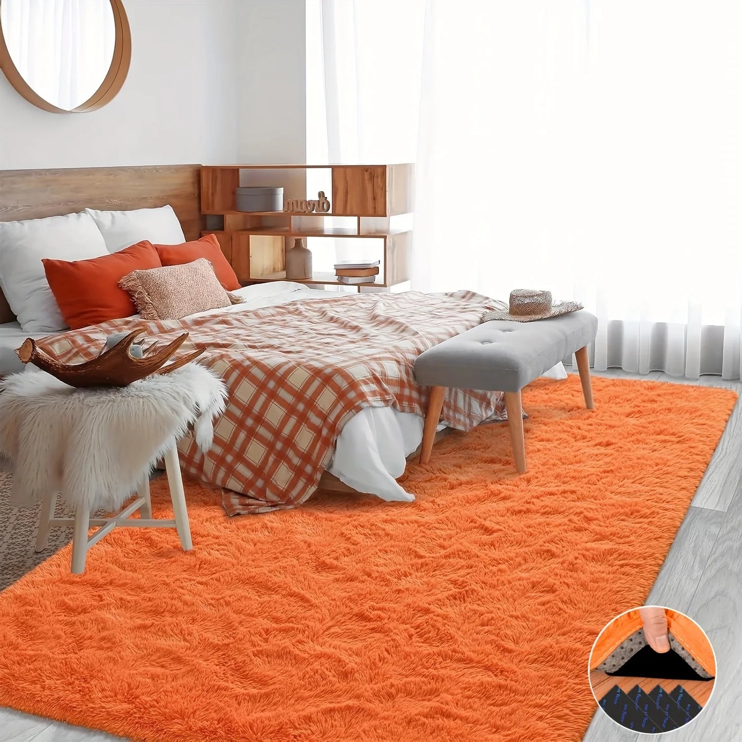 Orange Soft Shag Rug Luxury Plush Non-Slip Carpet with 4 Stickers