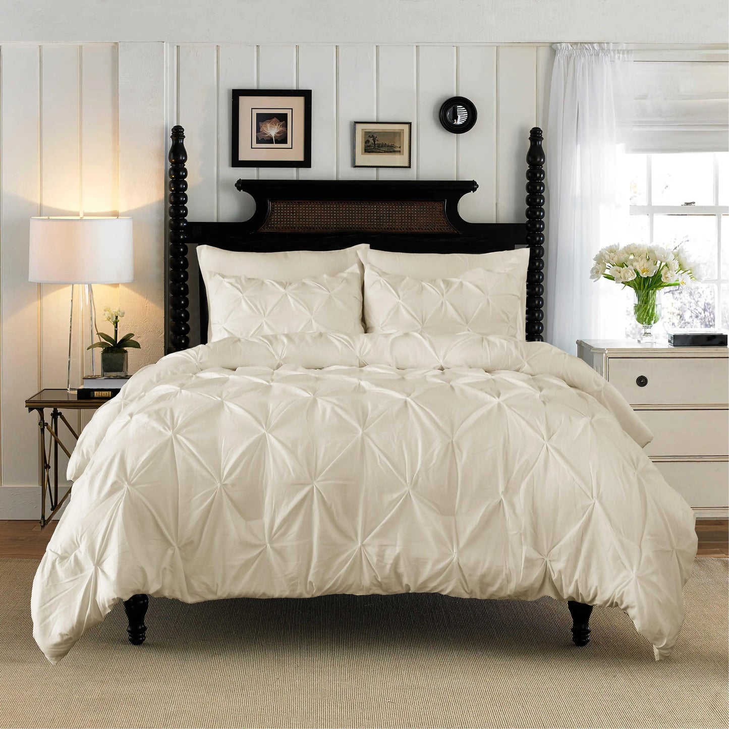 3-Piece Cotton Bedding Set – Elegant Pinch Pleated Duvet Cover with Corner Ties