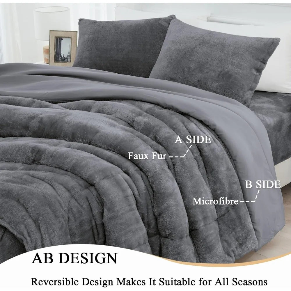 Luxury Faux Fur Queen Comforter Set with Fitted Sheet – Plush Bedding