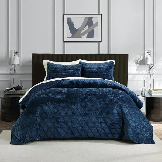 Luxurious Navy Blue Velvet Quilt Set – Plush, Lightweight & All-Season Comfort
