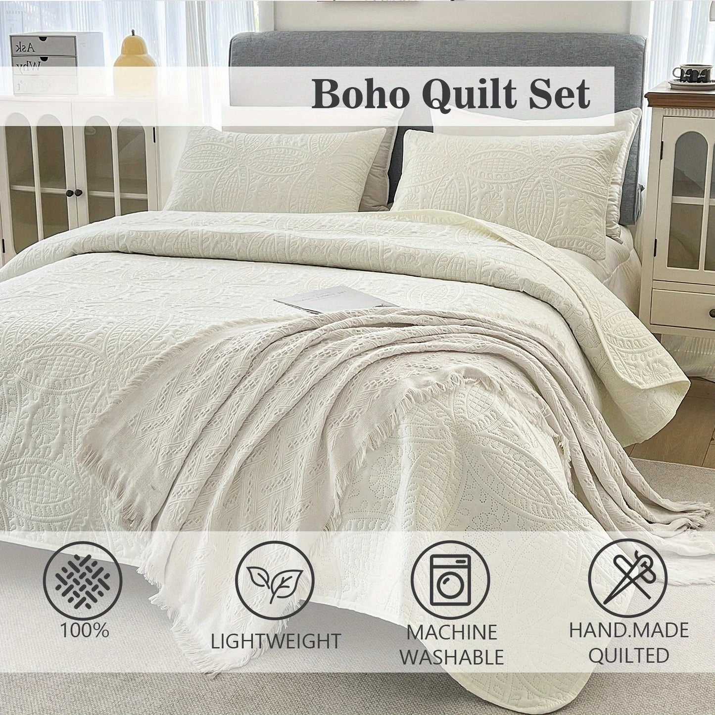 3-Piece Bohemian Bedding Set – Bedspread & 2 Pillowcases, Soft, Machine-Washable, All-Season