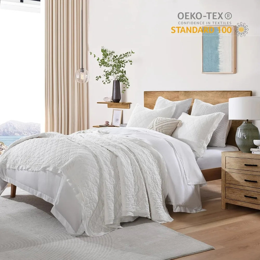 King Size Linen-Cotton Quilt Set – Pre-Washed White, Diamond Stitch Pattern, Pillow Shams Included